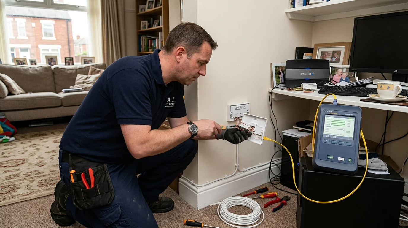 Independent Telephone Engineer testing broadband sync in Linthorpe Middlesbrough TS5