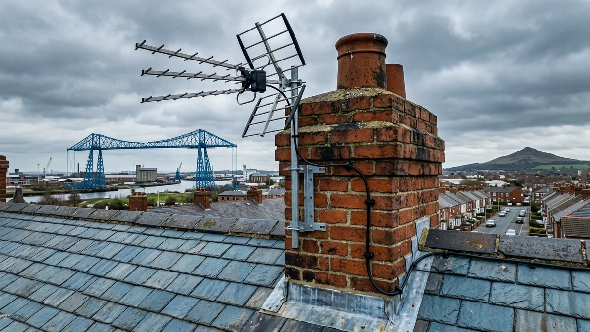 Professional digital TV aerial installation in North Ormesby on traditional British chimney stack with galvanized Pennine storm brackets