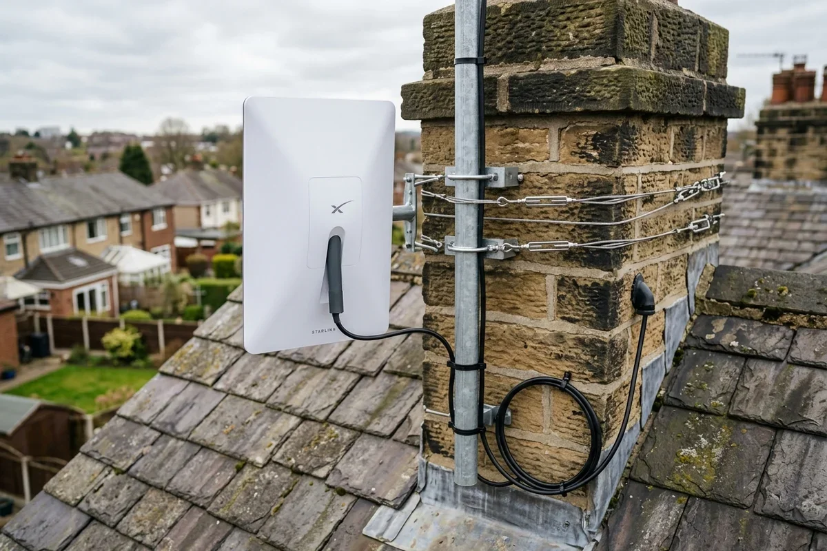Starlink dish mounted securely on chimney in Middleton