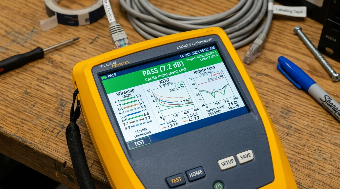 Fluke DSX-8000 CableAnalyzer network tester screen showing certified green PASS banner for Cat6a Permanent Link Test with Wiremap and NEXT graphs