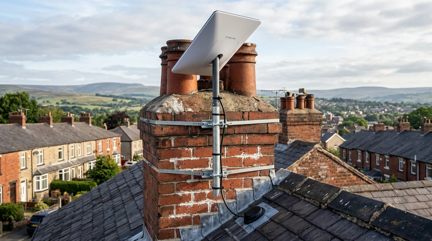 SpaceX Starlink Gen 3 flat panel satellite dish mounted cleanly on a galvanized steel chimney lashing bracket atop a Victorian chimney in Mill Hill overlooking Lancashire hills
