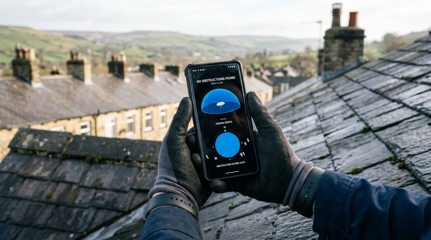 Smartphone Starlink app screen displaying 100% unobstructed clear sky with 0.0% obstruction rating over Mill Hill slate roofs