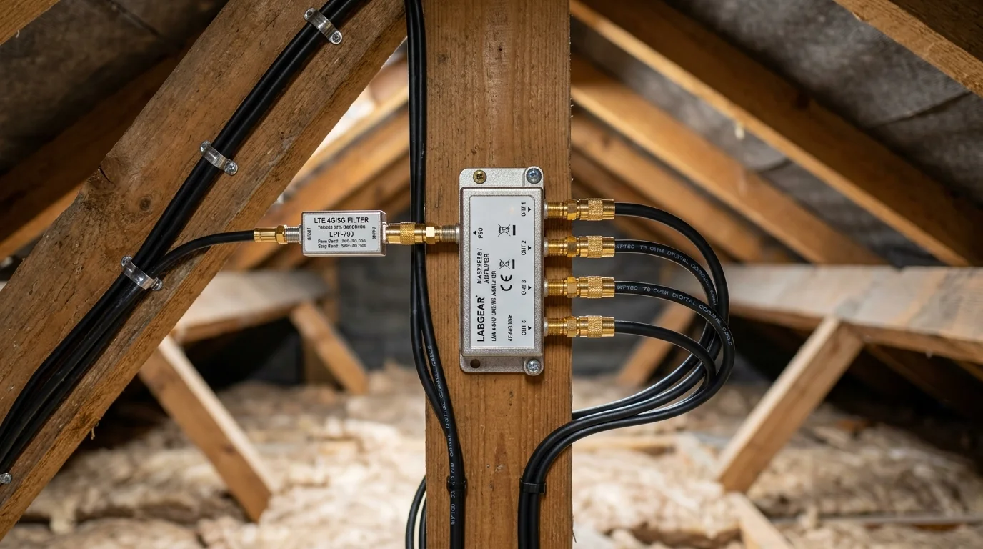 Screened 4-way TV distribution amplifier with inline LTE filter mounted in clean Mill Hill attic with WF100 coaxial cabling
