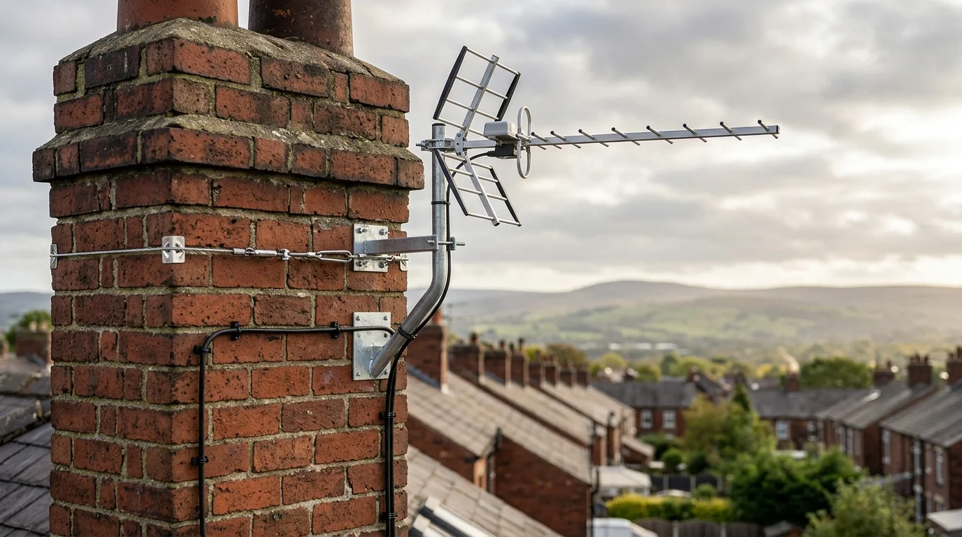 High-gain digital TV aerial mounted on galvanized chimney cradle and stainless lashing wire on a Victorian brick chimney in Mill Hill overlooking Lancashire hills