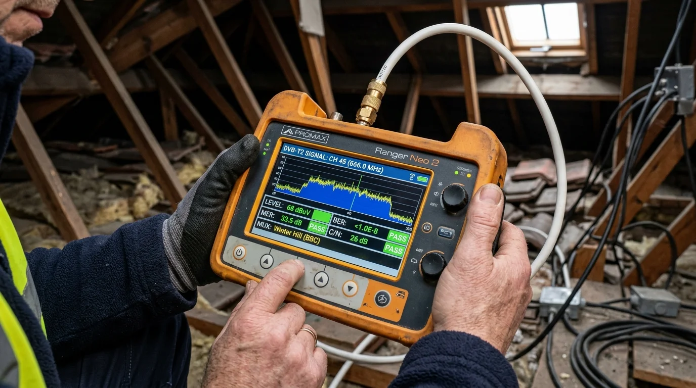 Promax broadcast spectrum analyzer showing digital DVB-T2 signal level at 68 dBuV and MER at 33.5 dB calibrated in a Mill Hill attic