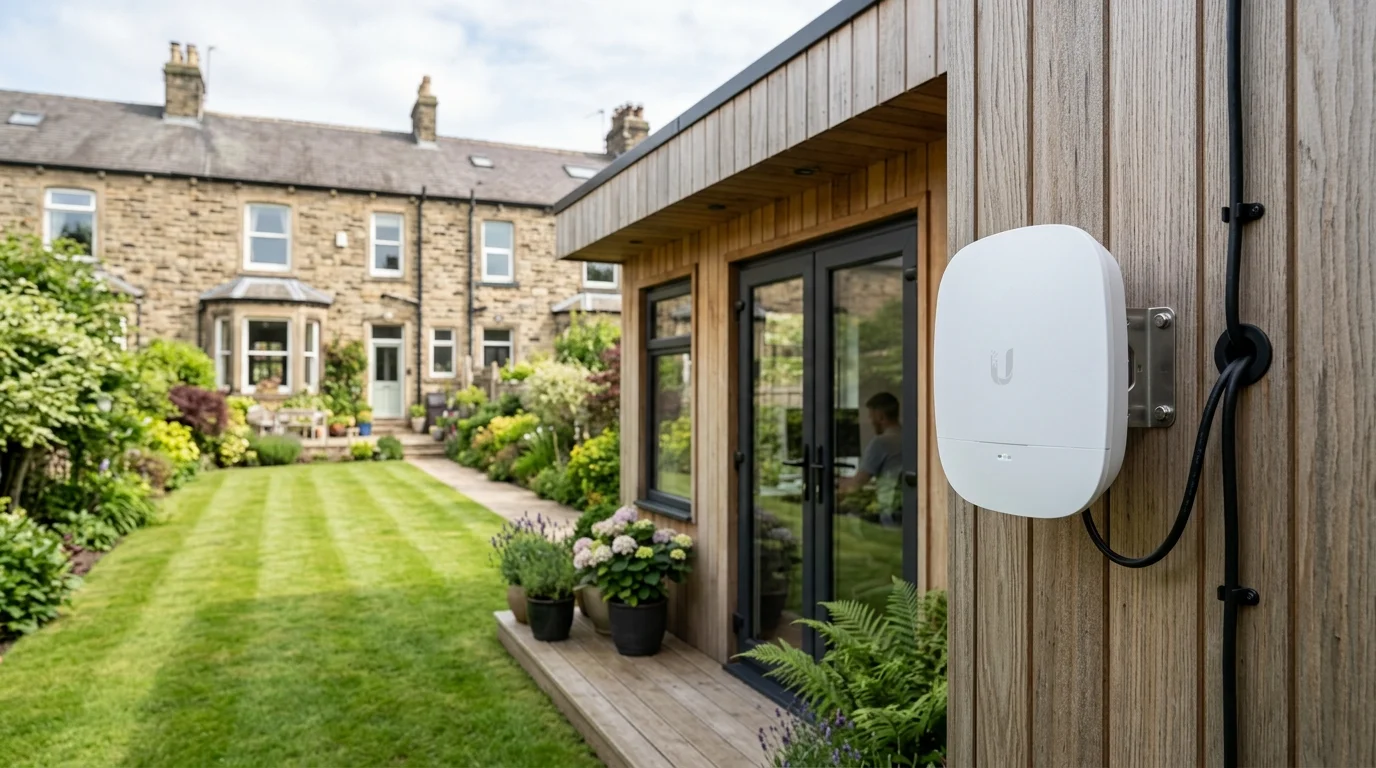 Exterior wireless point-to-point bridge dish unit mounted on modern timber garden room office in Mill Hill with neat UV-rated Cat6 cabling