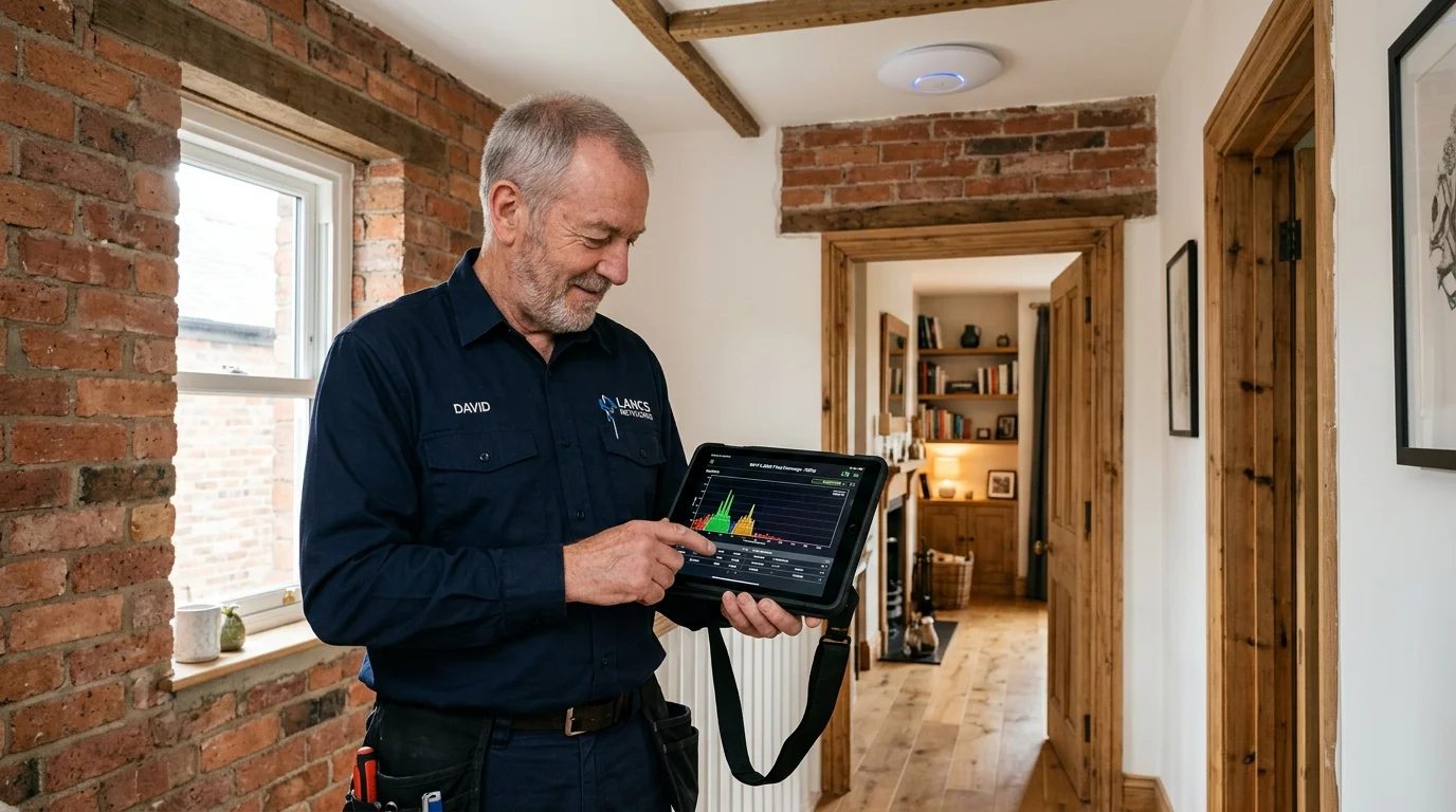 Senior network engineer testing Wi-Fi 6 coverage with handheld RF spectrum analyzer in a Mill Hill home with ceiling-mounted Ubiquiti UniFi access point