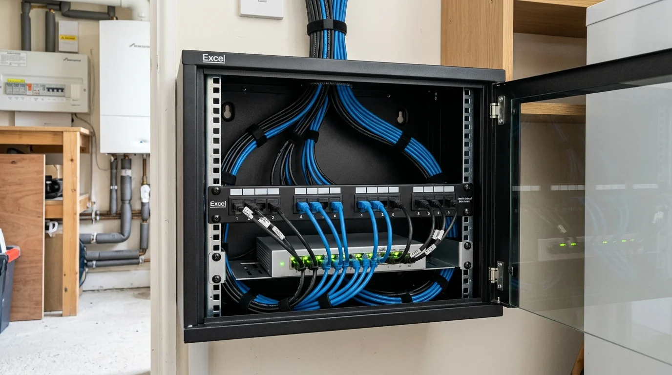 Domestic network cabinet with neatly combed Cat6 cables, patch panel, and Ubiquiti UniFi PoE switch installed in a Mill Hill Lancashire home