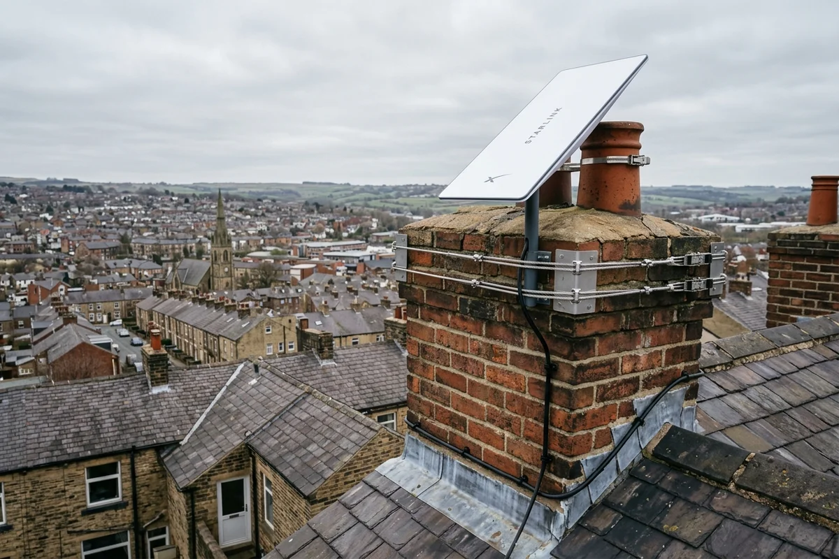 Starlink dish on roof in Morley on brick chimney with non-drill lashing cradle overlooking town