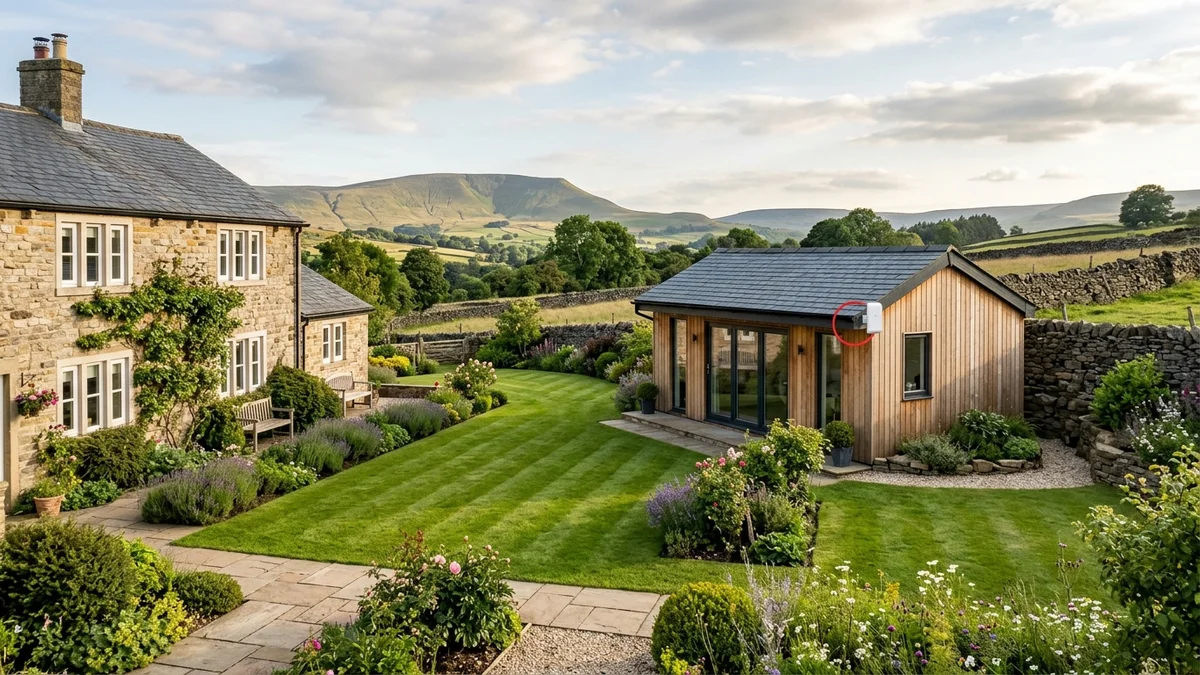 Point-to-point wireless bridge linking modern garden pod in Blacko near Nelson across green lawn