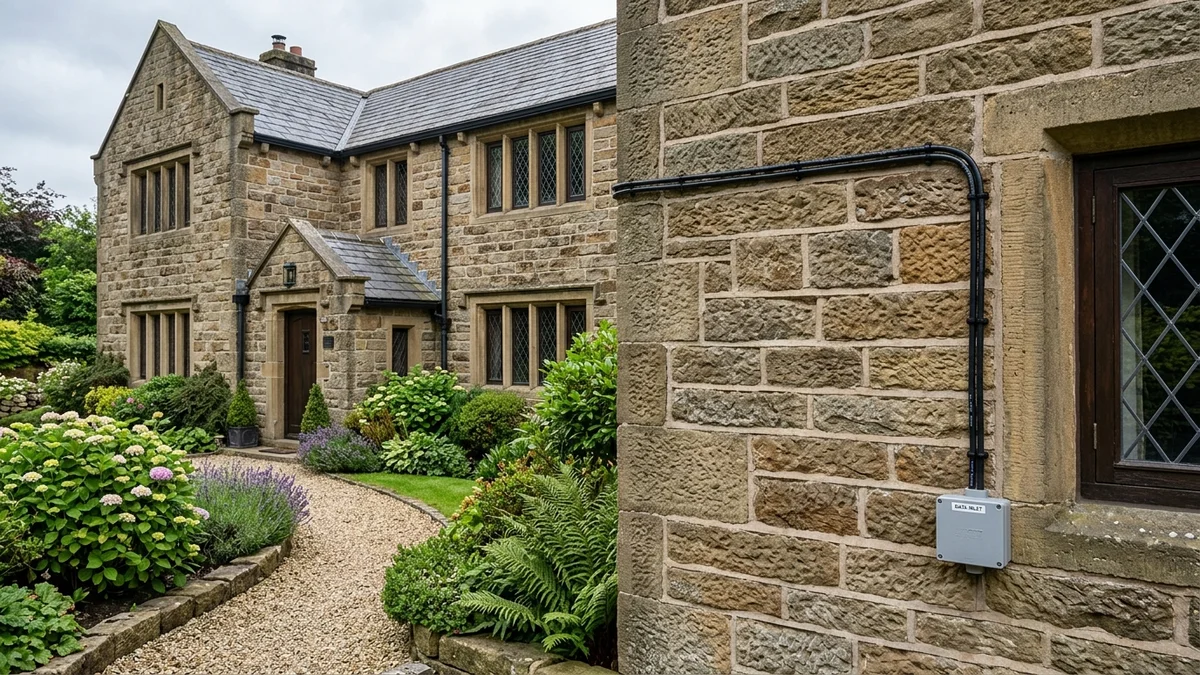 Upscale stone residence in Barrowford near Nelson with discreet external Cat6a data cabling routed along mortar lines