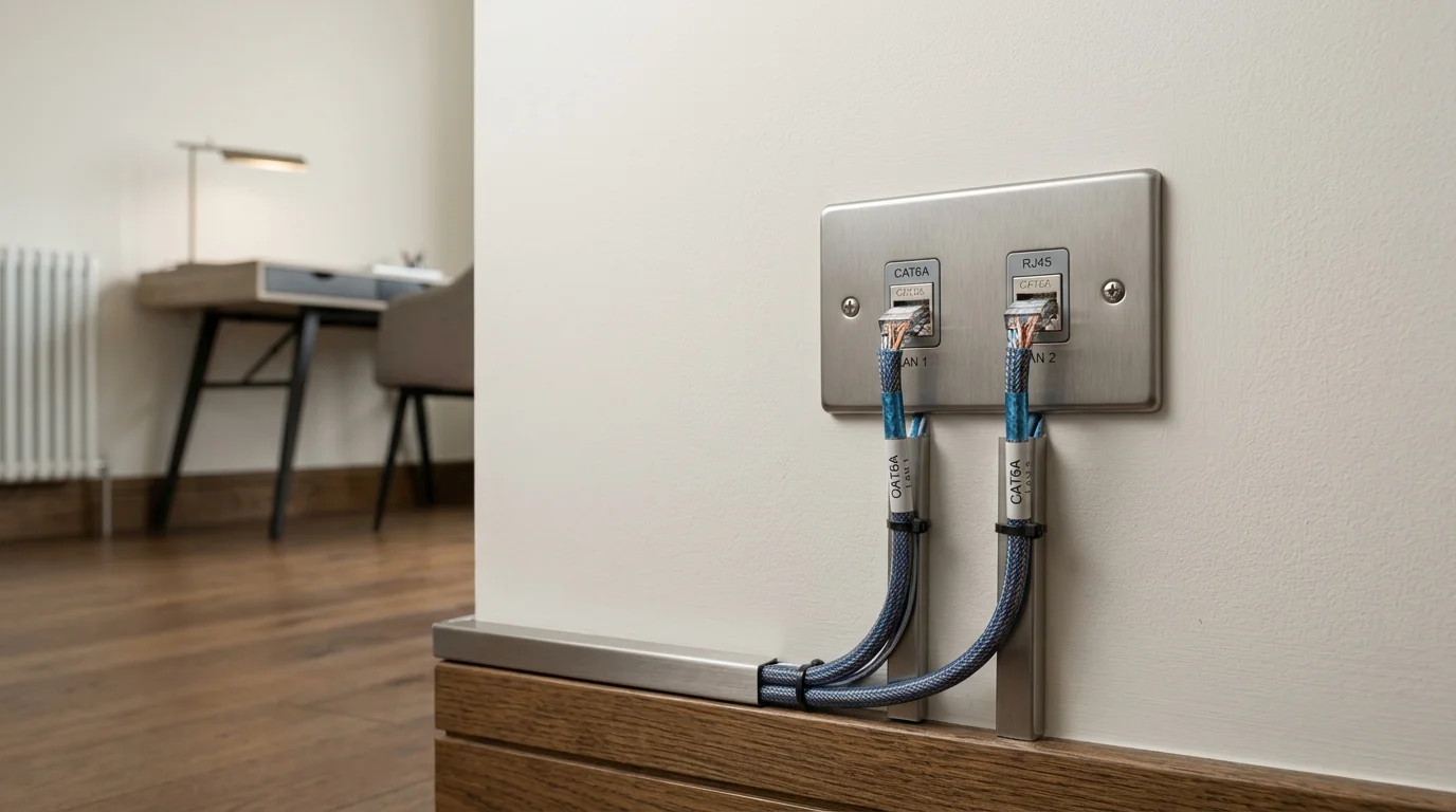 Domestic home network cabling with clean flush-mounted Ethernet wall sockets in a Newcastle home