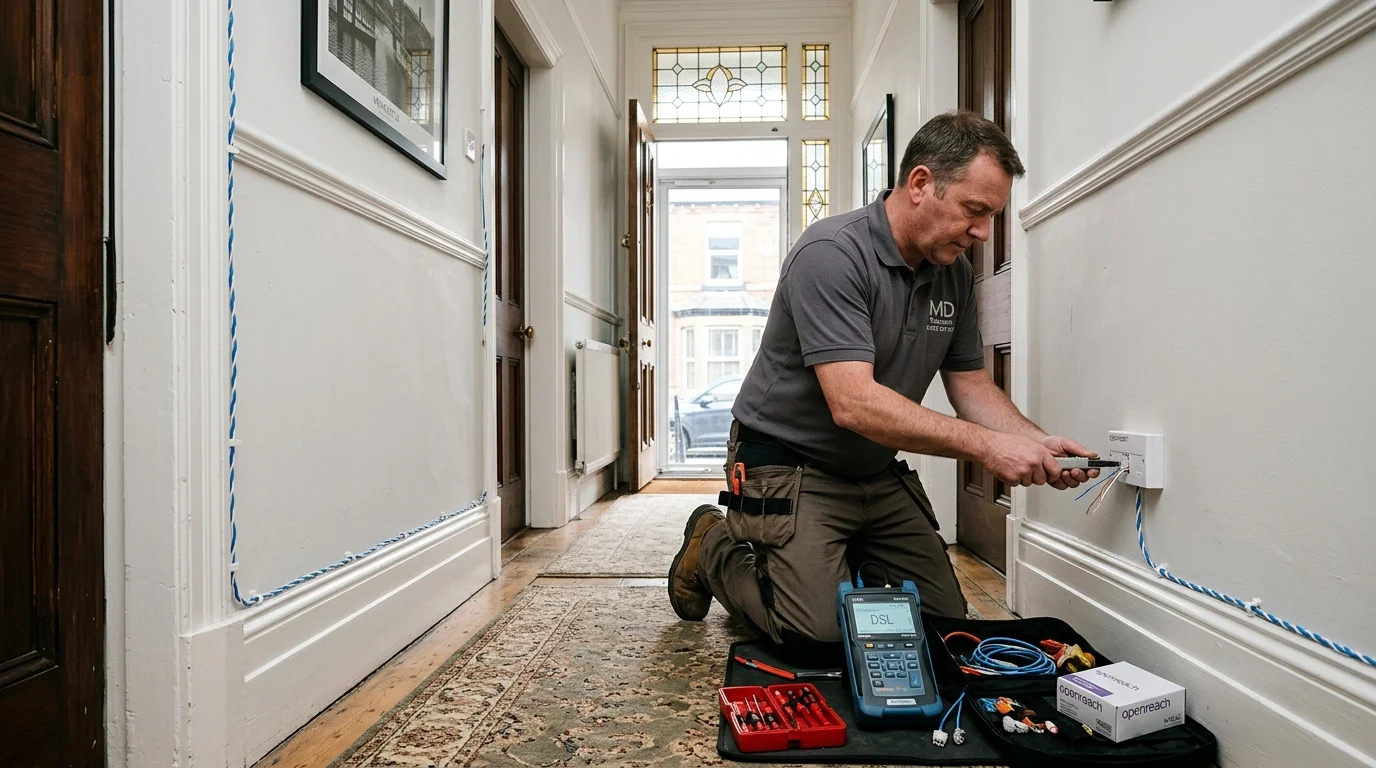 Independent Telephone Engineer installing Openreach NTE5C master socket in Victorian Tyneside flat in Newcastle NE2