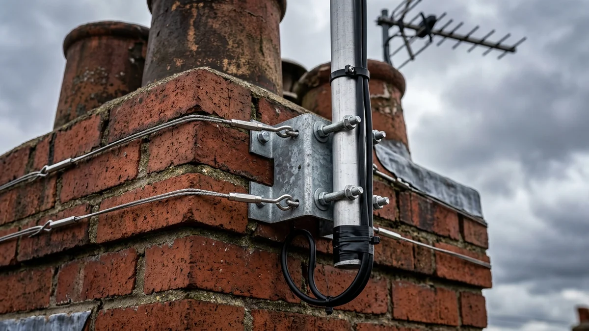 Heavy-duty storm-proof chimney aerial mount in Newcastle with double stainless steel lashing wire