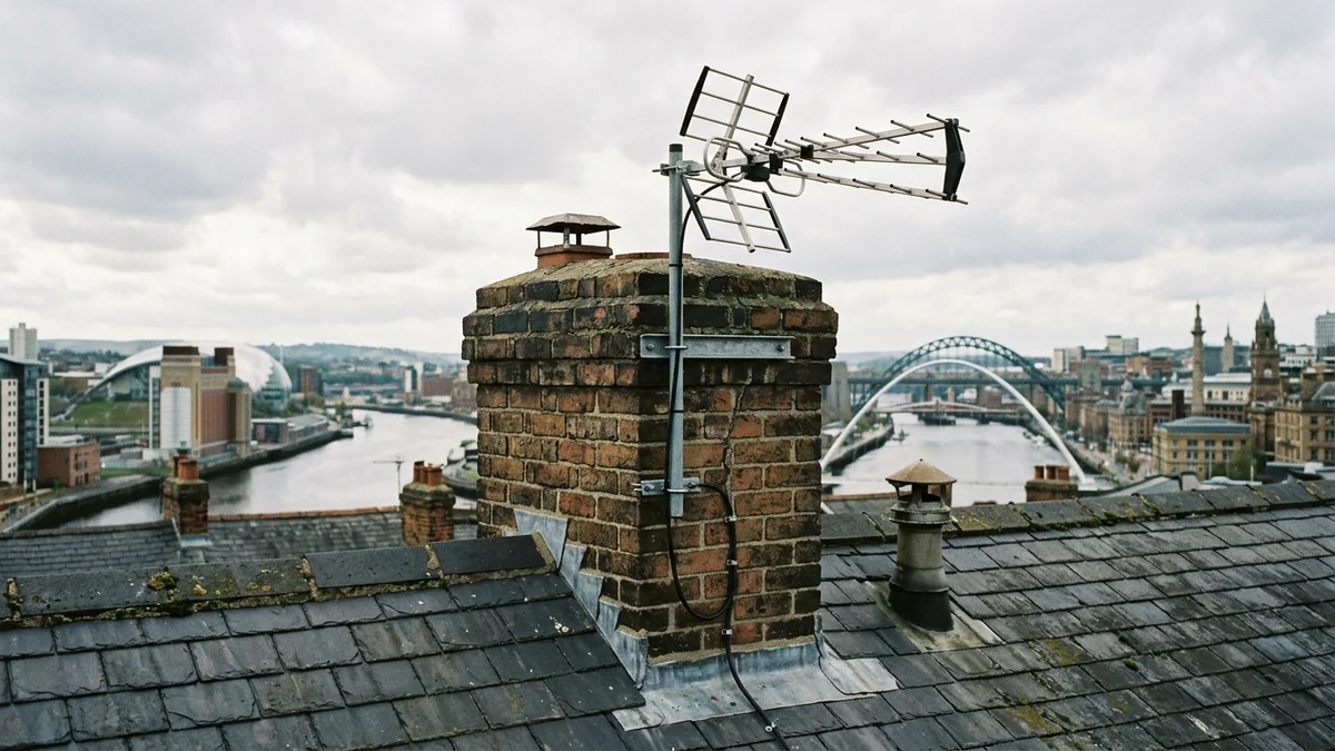 Professional digital TV aerial installation in Gosforth on traditional British chimney stack with galvanized Pennine storm brackets