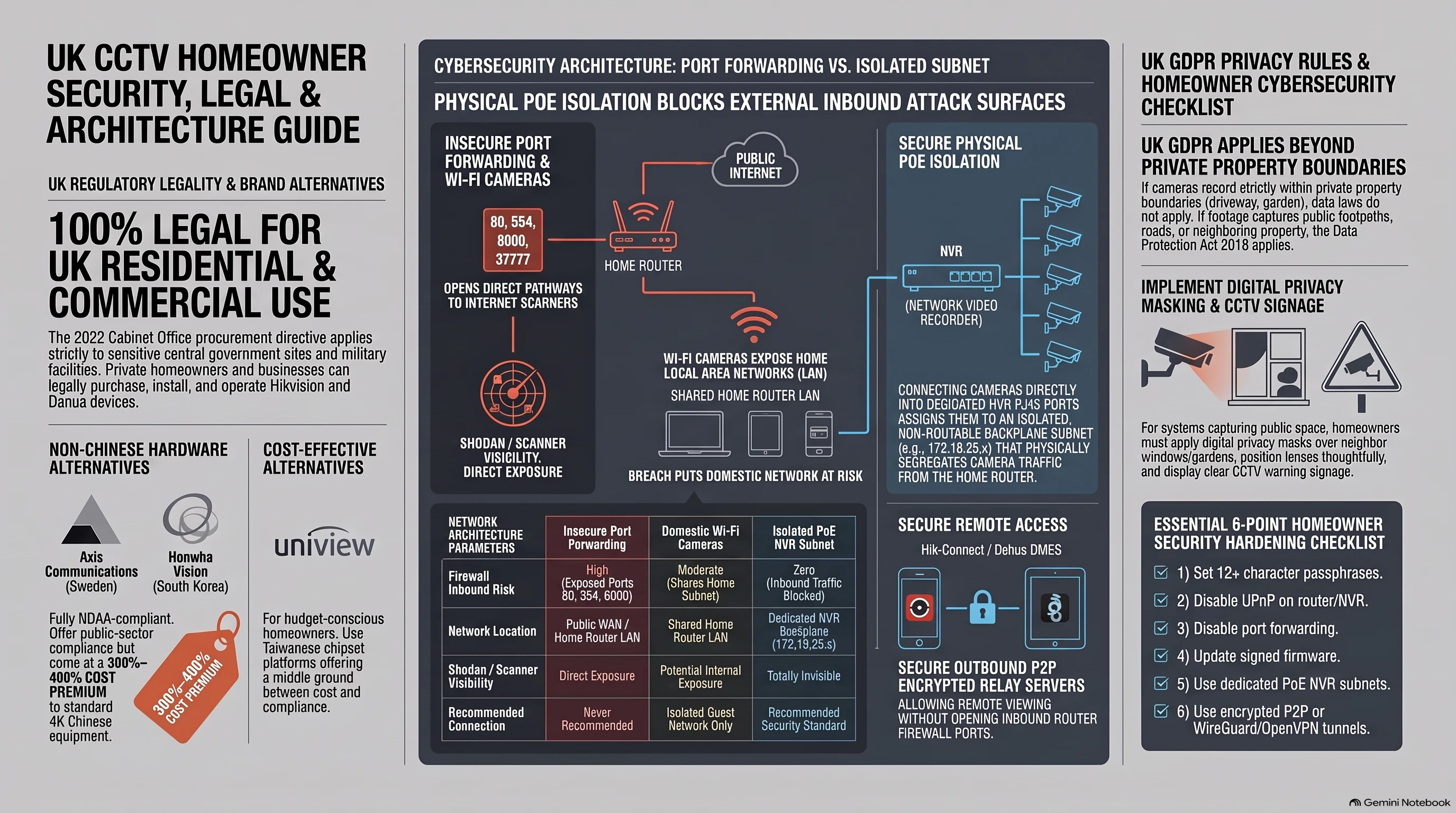 UK CCTV Homeowner Security Guide infographic detailing UK regulations, router port forwarding risks, and isolated PoE subnet layout.