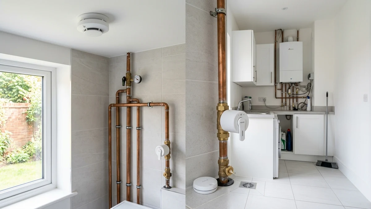 Ajax FireProtect 2 ceiling smoke detector and WaterStop electric smart shutoff valve installed cleanly on copper plumbing in a Netherfield home