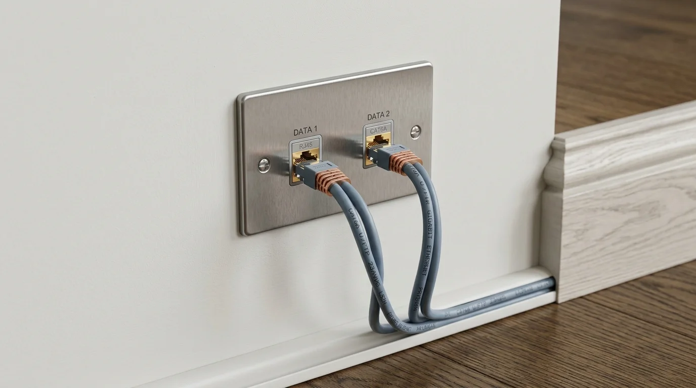 Domestic home network cabling with clean flush-mounted Ethernet wall sockets in a Nottingham home