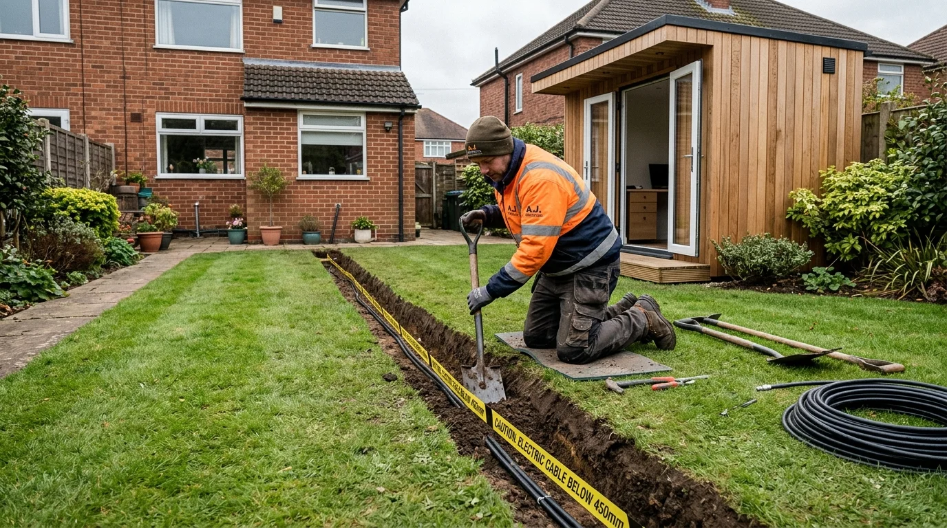 Armoured network cable trenching to garden office in Nottingham