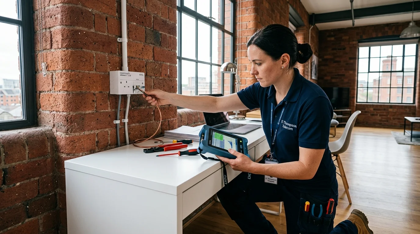 Independent Telephone Engineer testing high-speed broadband sync in Lace Market loft Nottingham NG1