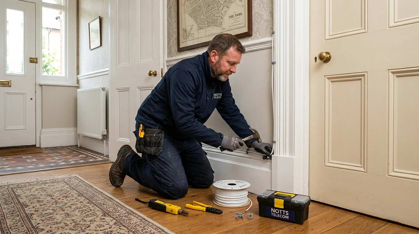 Independent Telephone Engineer routing solid copper CW1308 cable along Victorian skirting in The Park Nottingham NG7