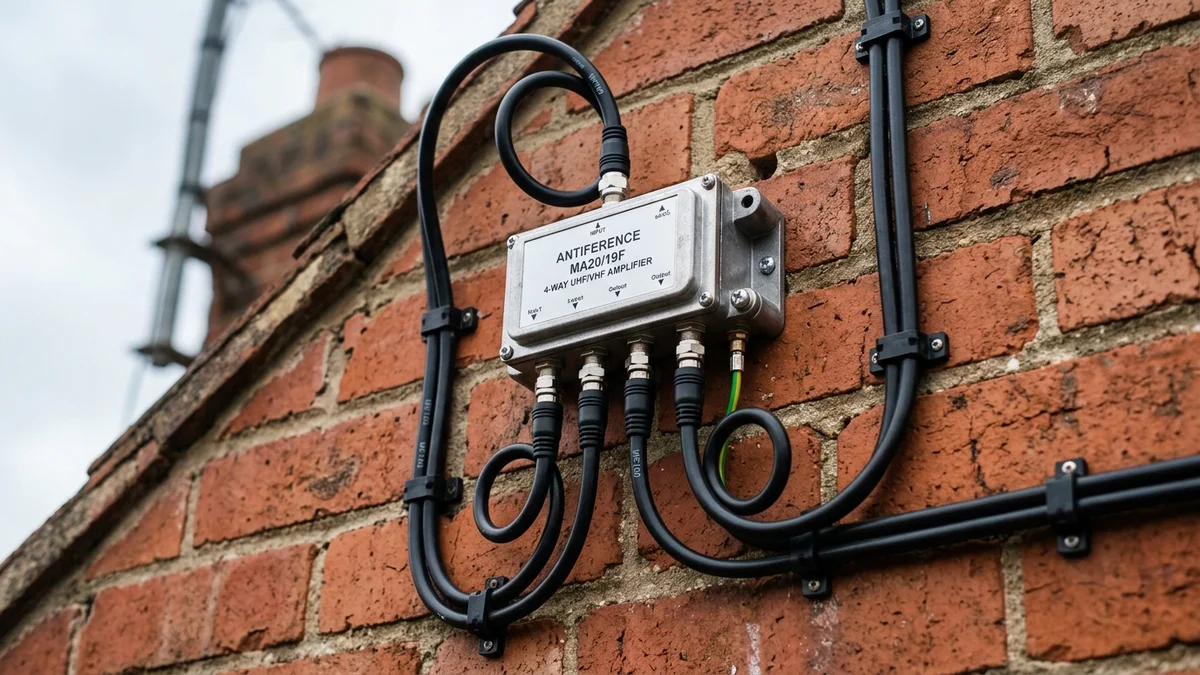 Shielded masthead amplifier and WF100 coax cable routed neatly on Nottingham masonry