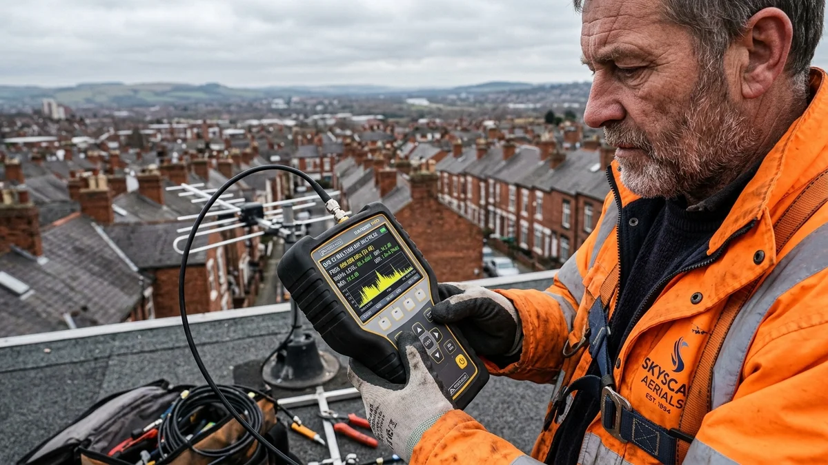Engineer reading spectrum analyzer meter showing Waltham and Sutton Coldfield frequencies on Nottingham rooftop