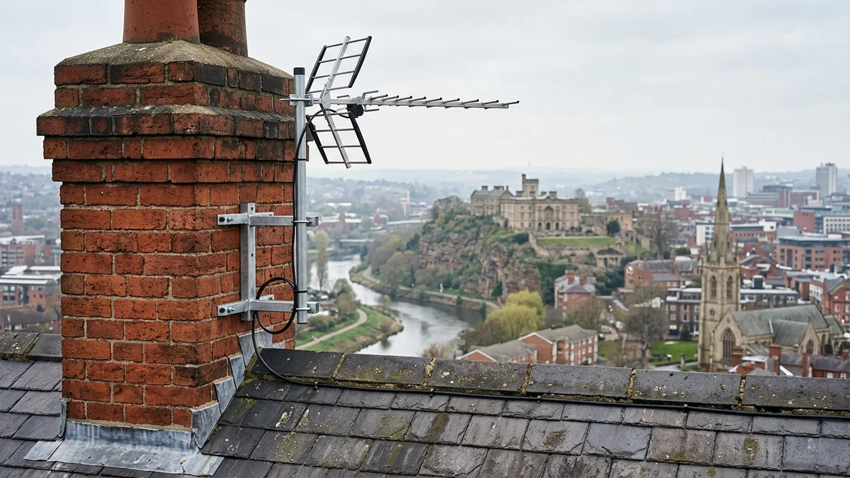 Professional digital TV aerial installation in Mapperley on traditional British chimney stack with galvanized Pennine storm brackets
