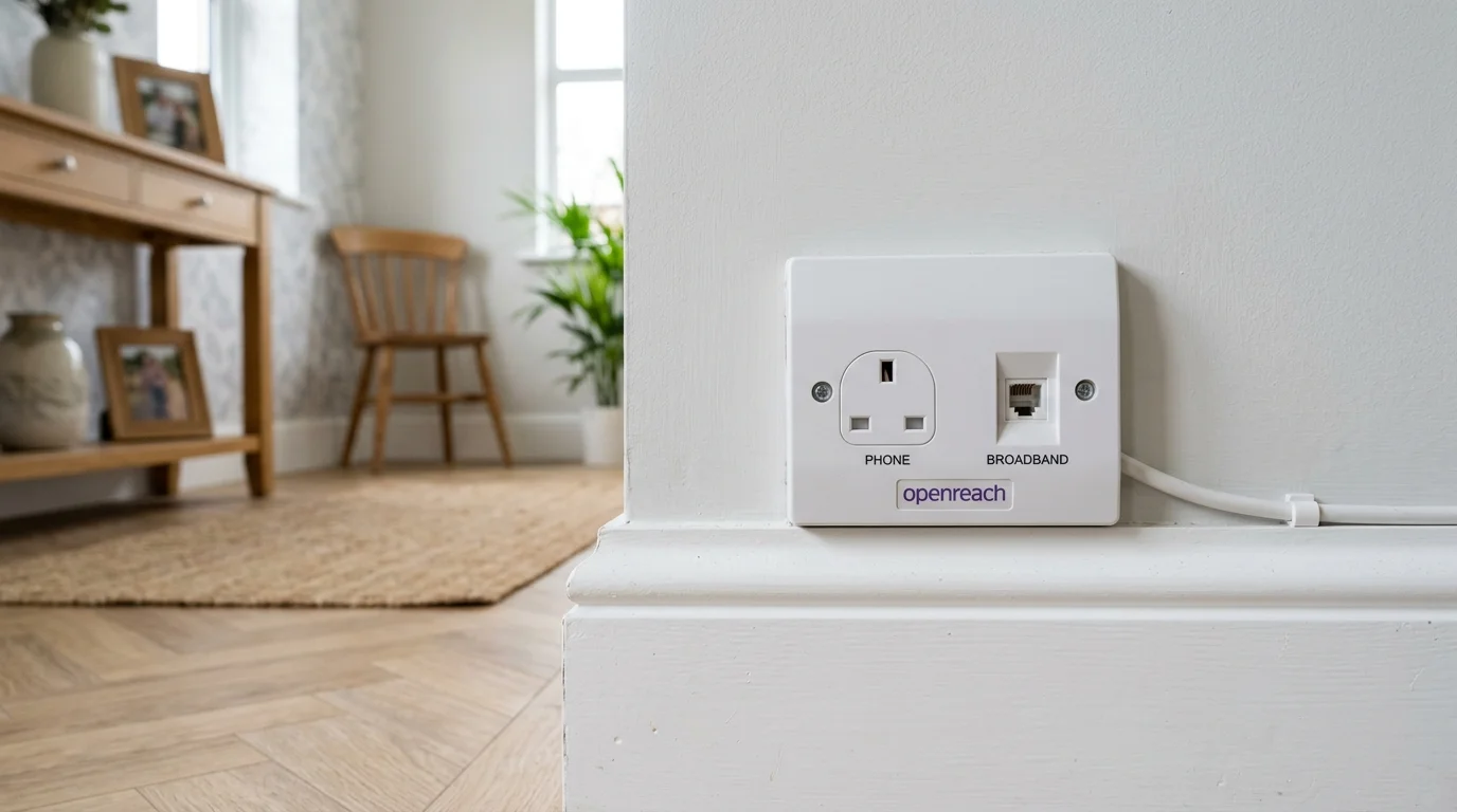 Genuine Openreach NTE5C Master Socket Installed on Clean White Skirting Board