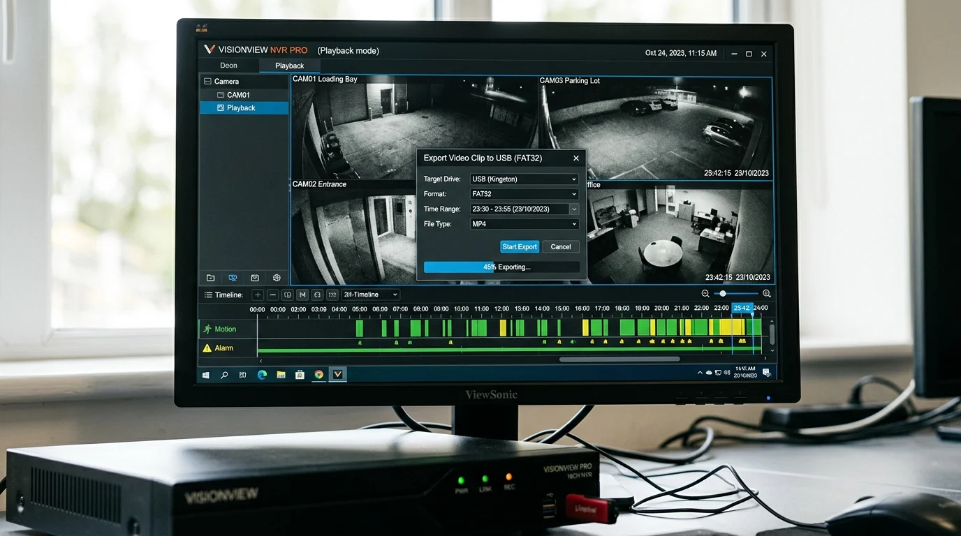 Commercial CCTV NVR monitor interface showing timeline clipping and USB backup export dialog box for police evidence