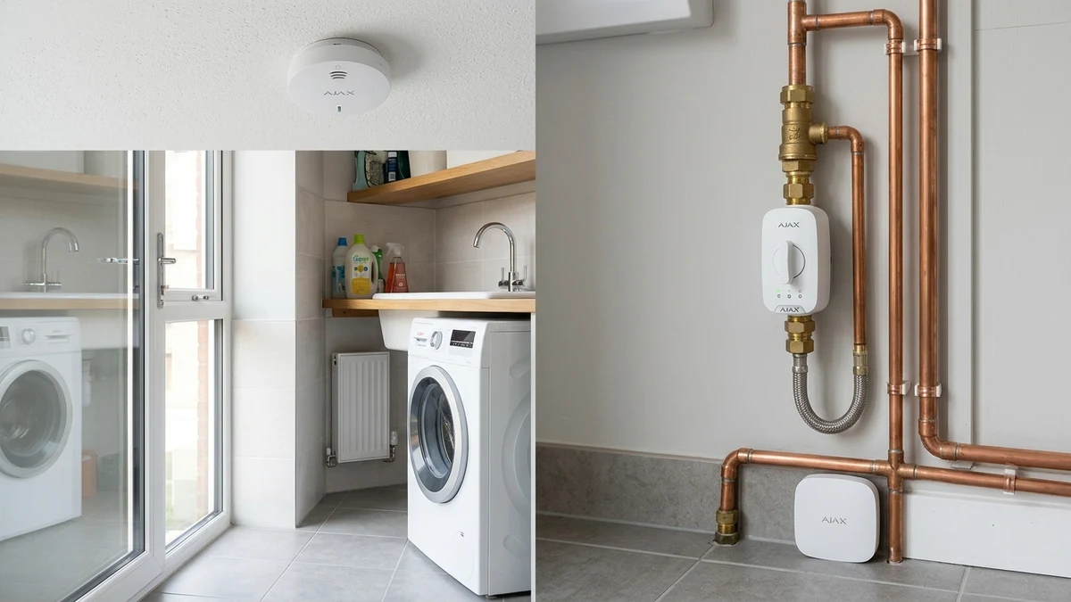Ajax FireProtect 2 ceiling smoke detector and WaterStop electric smart shutoff valve installed cleanly on copper plumbing in a Oldham home