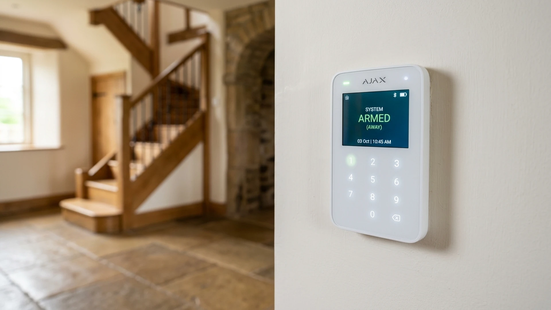 Ajax MotionCam Outdoor wireless detector mounted on weathered Greater Manchester red brick exterior wall in Oldham