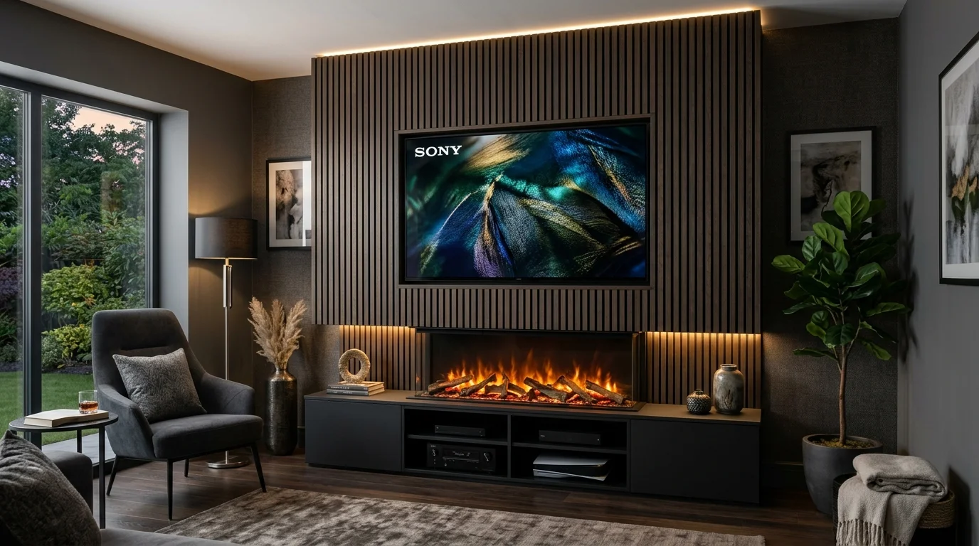 Luxury Acoustic Media Wall TV Installation in Saddleworth & Uppermill with Recessed OLED Display