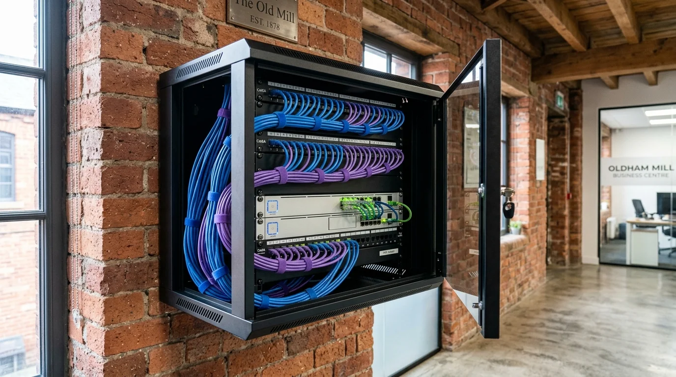Commercial server rack and patch panel cabling installation in Oldham