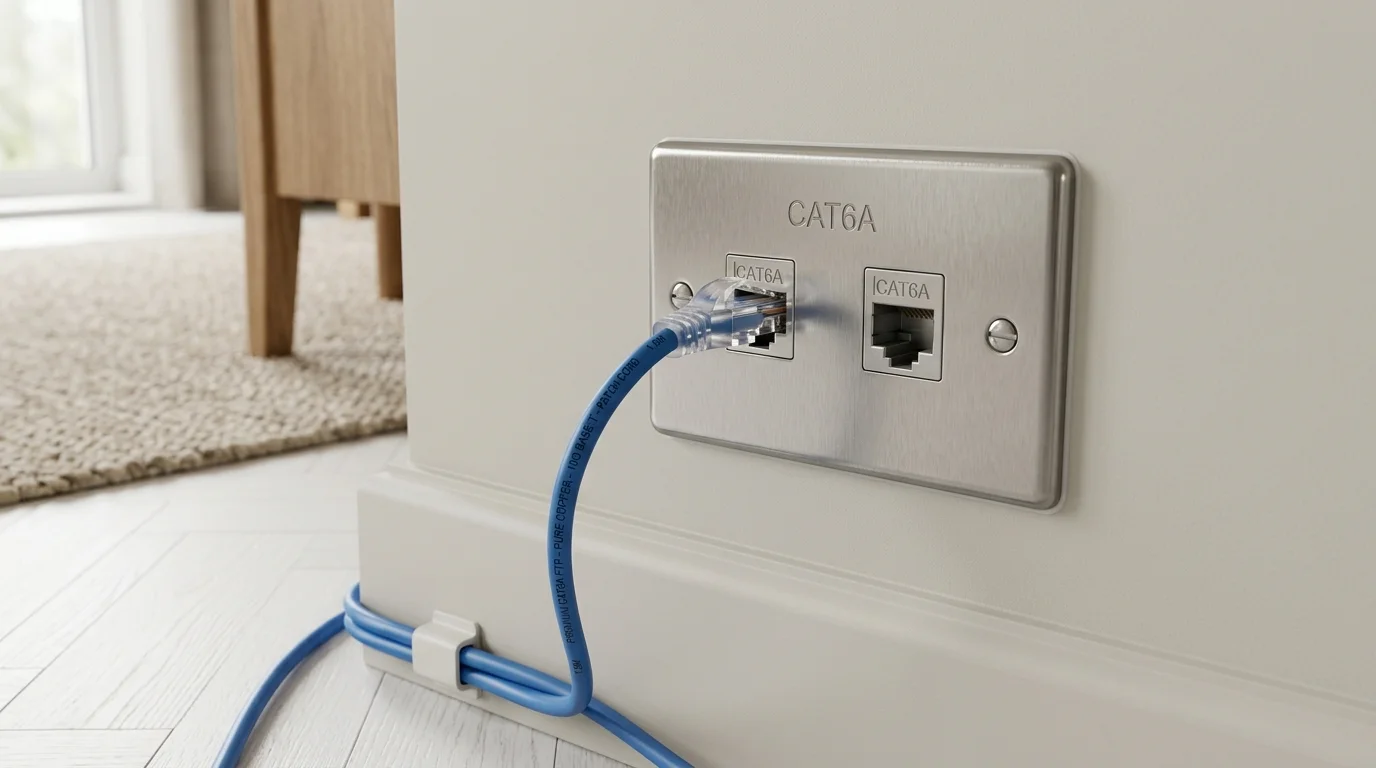 Domestic home network cabling with clean flush-mounted Ethernet wall sockets in a Oldham home