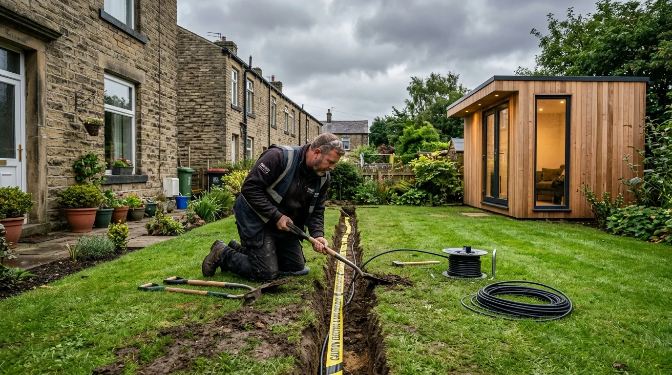 Armoured network cable trenching to garden office in Oldham