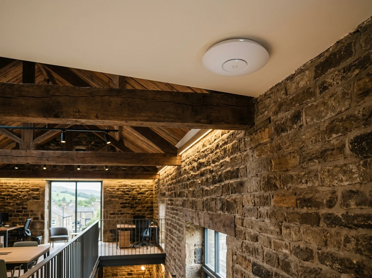 Solid interior wall in a Oldham property showing Cat6a data cable penetration for mesh Wi-Fi