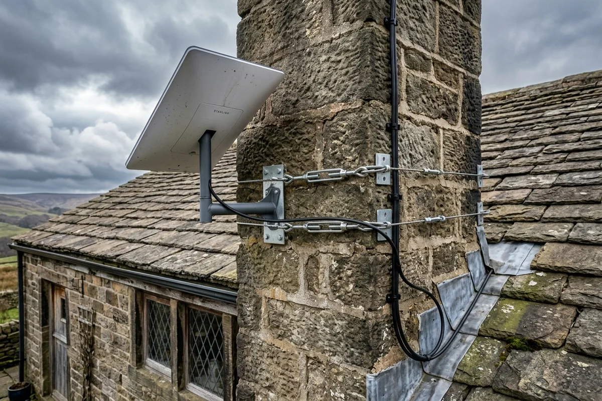 Starlink dish on roof in Oldham on brick chimney with non-drill lashing cradle overlooking town