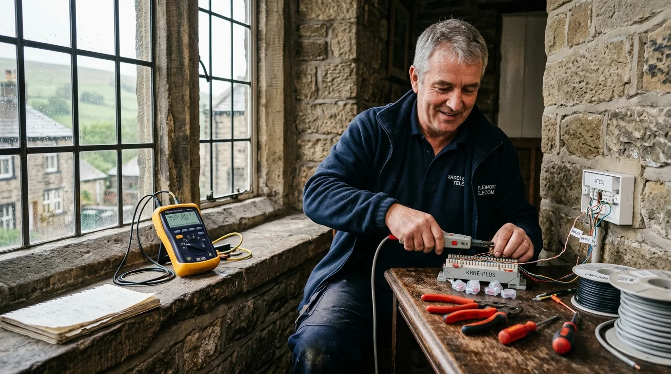 Independent Telephone Engineer repairing noisy telephone line in stone cottage in Saddleworth Oldham