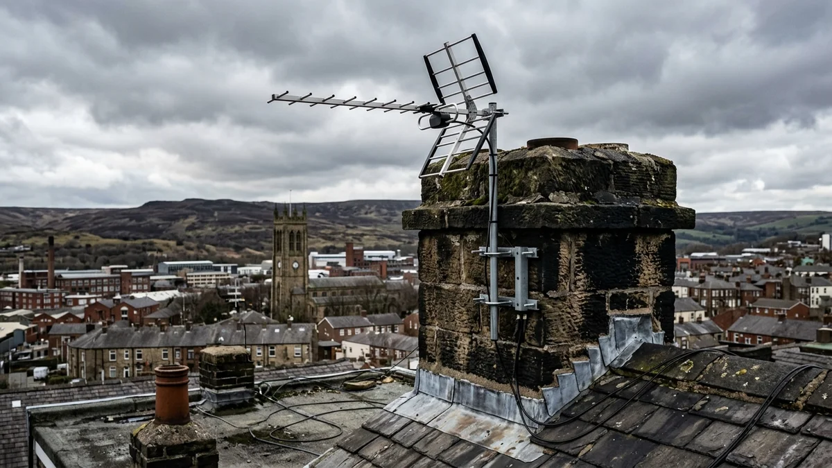 Professional digital TV aerial installation in Diggle on traditional British chimney stack with galvanized Pennine storm brackets