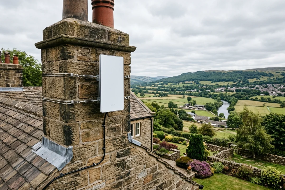 Starlink dish on roof in Otley on stone chimney with non-drill lashing cradle overlooking Wharfedale