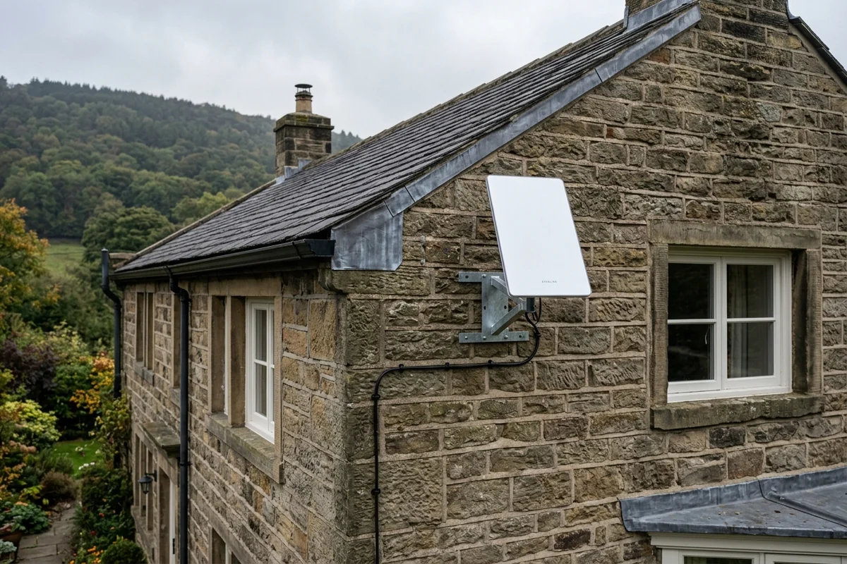 Starlink installation Otley certified local dish fitting against gritstone masonry