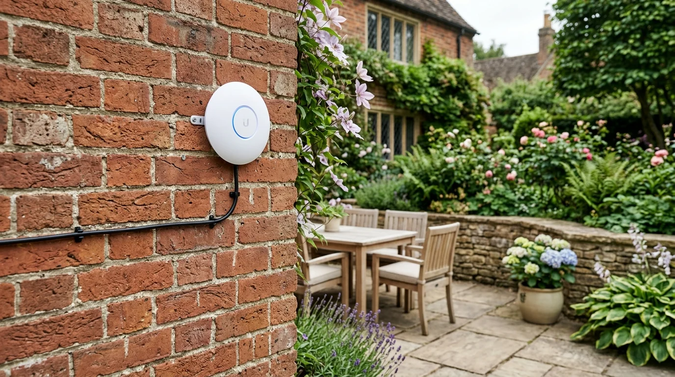 Weatherproof outdoor access point mounted on exterior brickwork overlooking stone patio