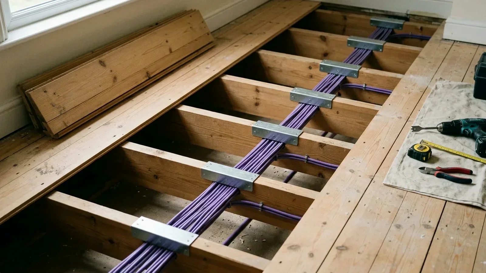Timber floor joist cable routing compliant with Part A in Padiham