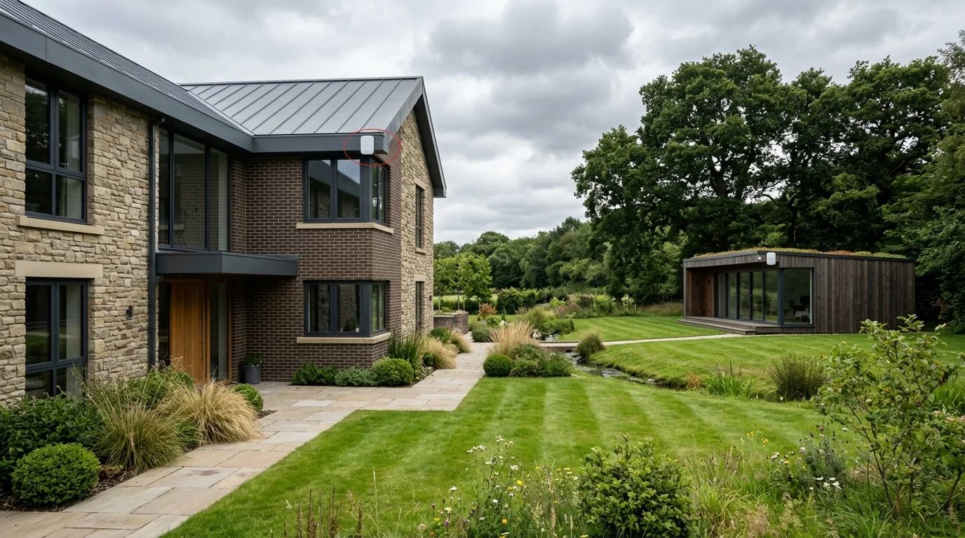 Point-to-point wireless bridge linking contemporary cedar garden office pod in Pleasington across lawn