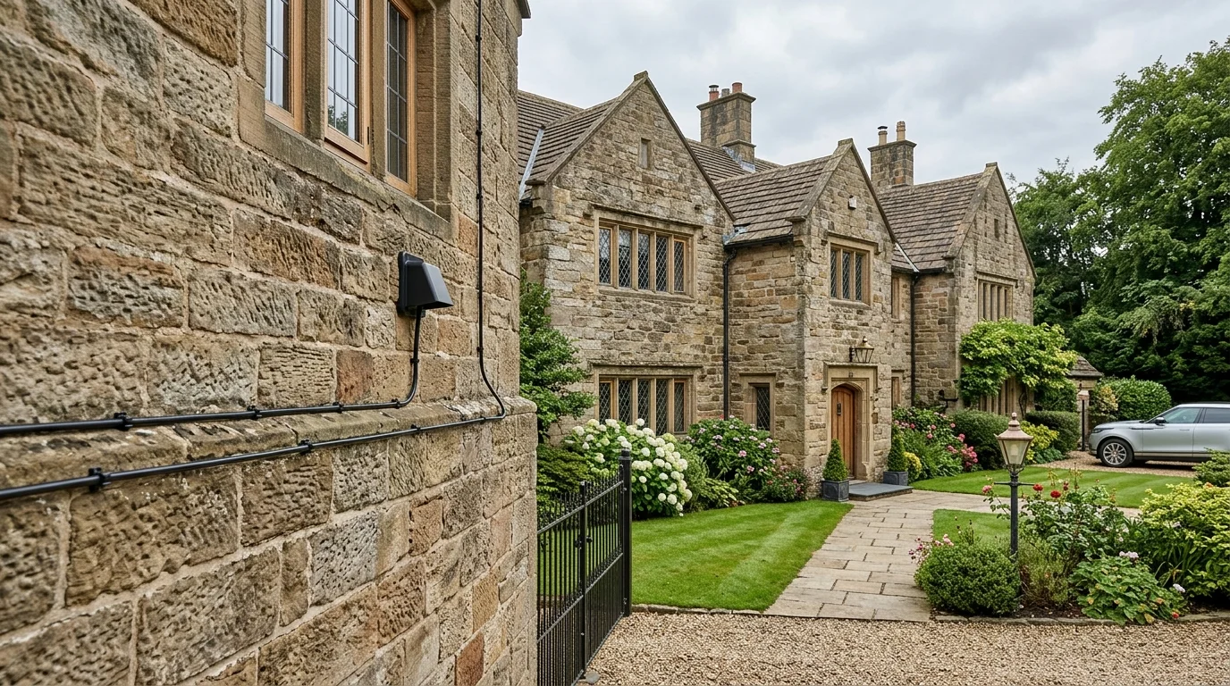 Upscale sandstone country residence in Pleasington near Mellor with discreet external Cat6a data cabling routed along mortar lines