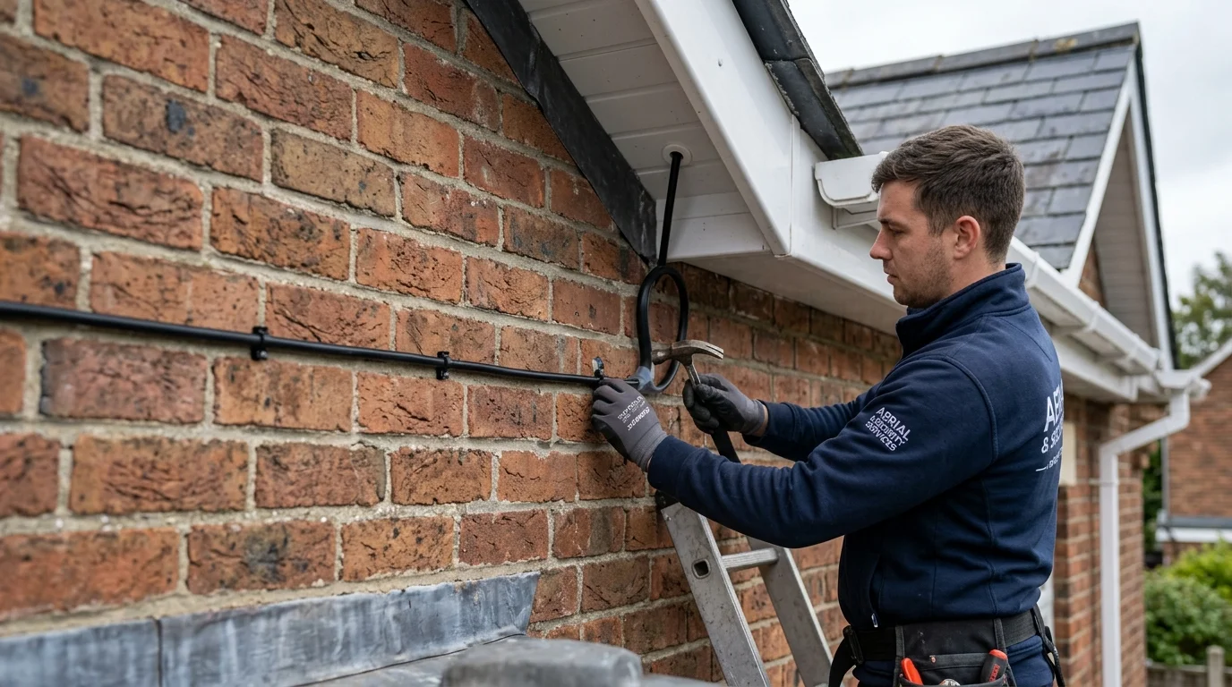Professional PoE Cat6 CCTV Cable Installation Clipped Neatly Along Mortar Lines