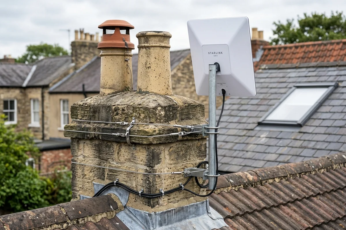 Starlink dish on roof in Poppleton on brick chimney with non-drill lashing cradle overlooking town