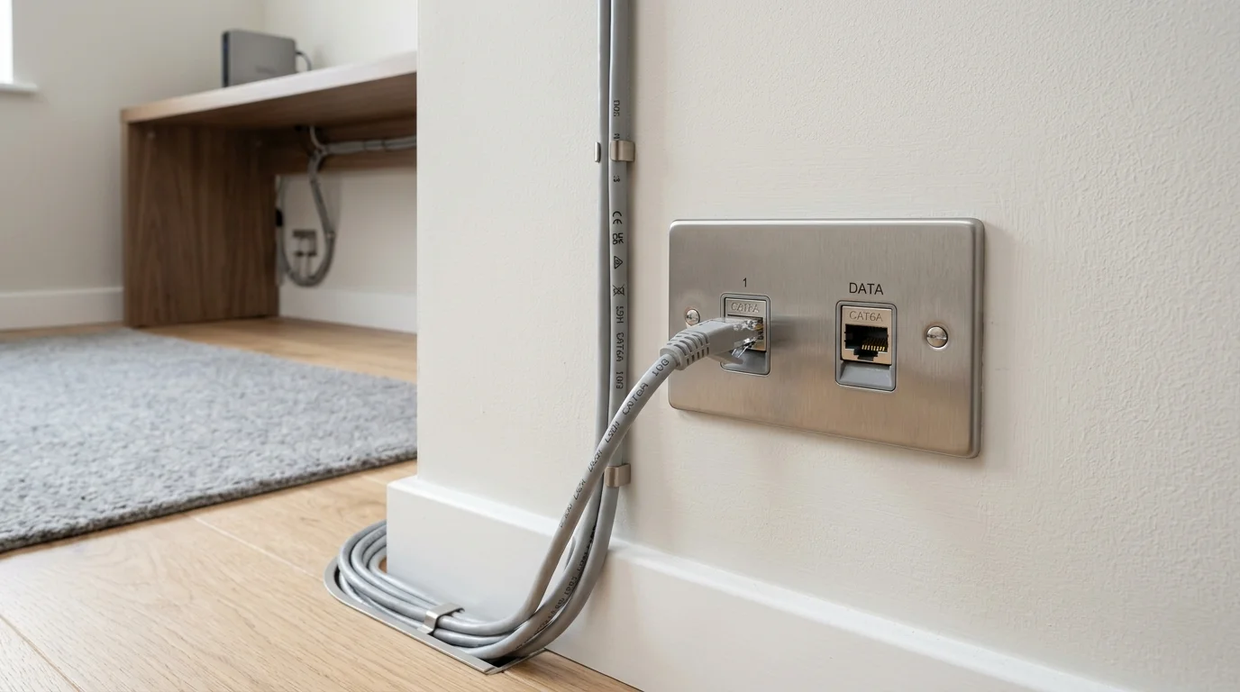 Domestic home network cabling with clean flush-mounted Ethernet wall sockets in a Preston home