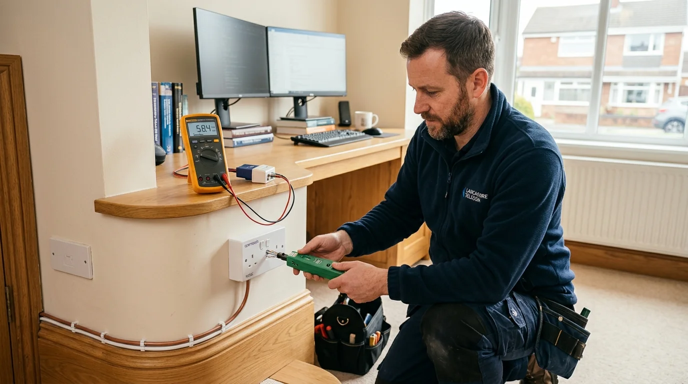 Independent Telephone Engineer testing VDSL sync speed with digital multimeter in Preston Lancashire